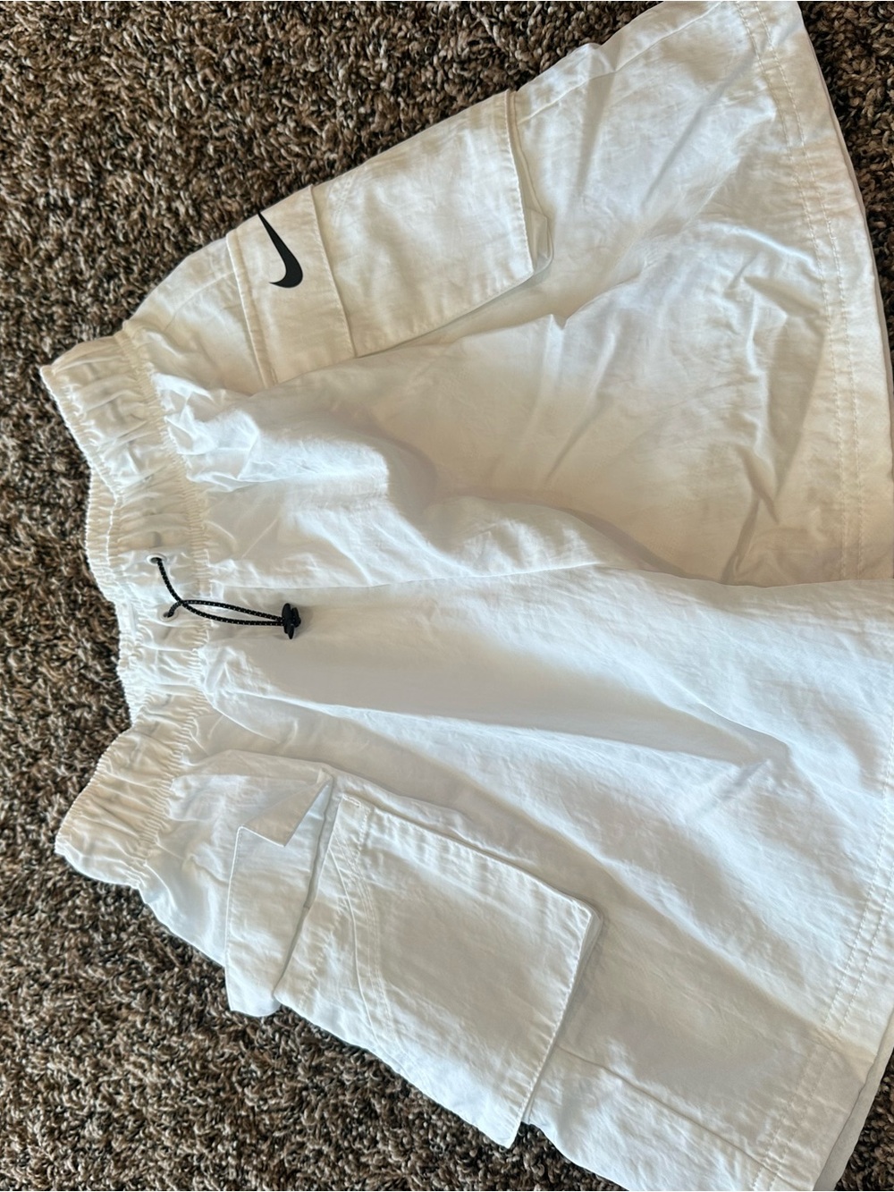 Nike White Cargo Drawstring Shorts with Black Swoosh